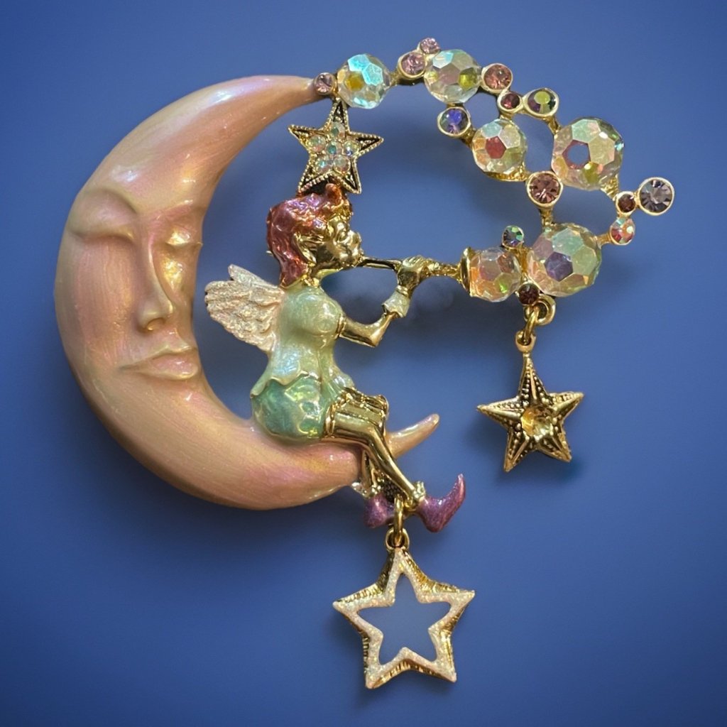 Read Kirks Folly Pipedream Fairy Bubbles Moon Stars Pin Brooch Rare Purple Read